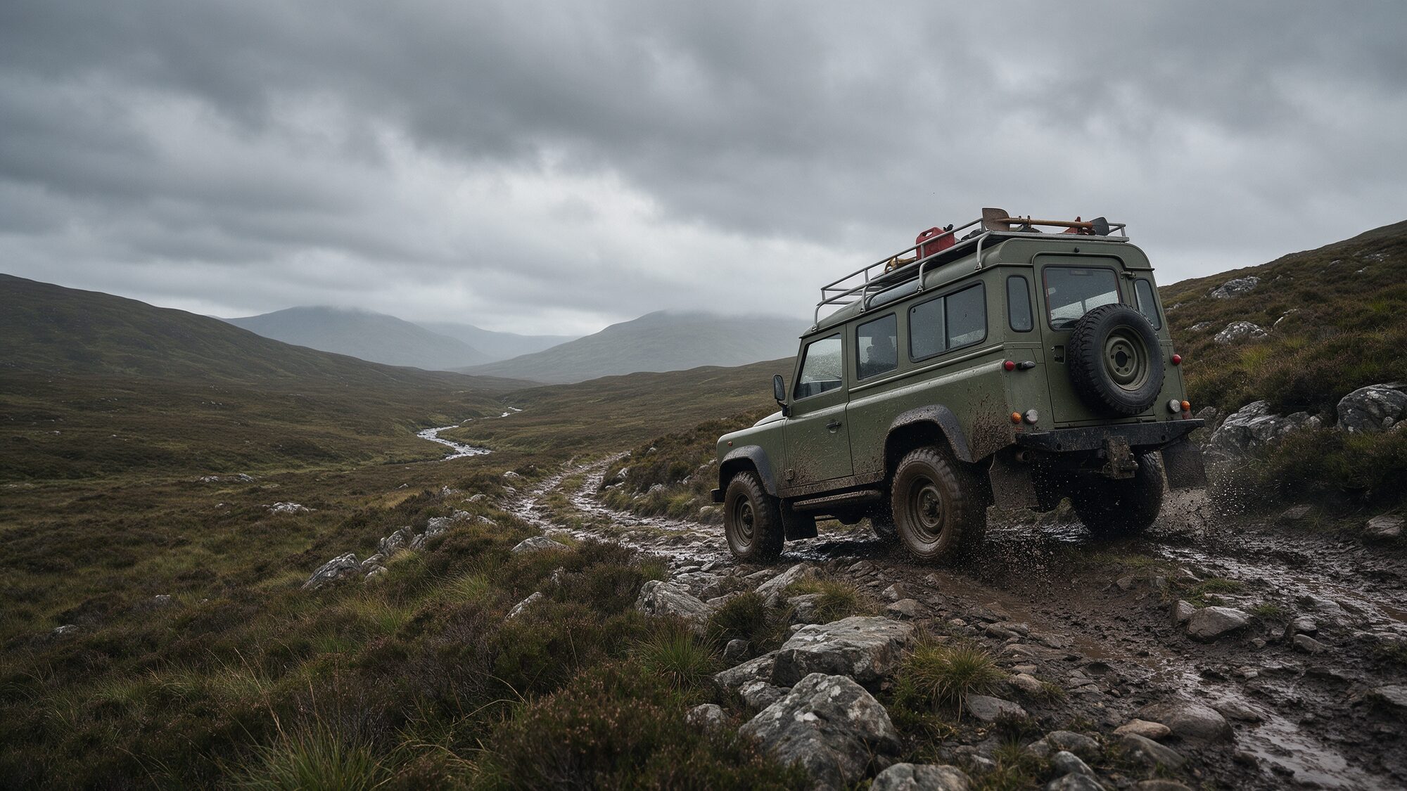 A green Land Rover climbing a muddy hill track in the Scottish Highlands