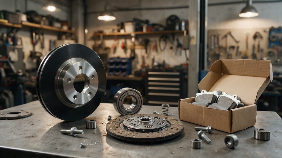 New brake discs, bearings, a clutch plate and brake pads on a workshop bench