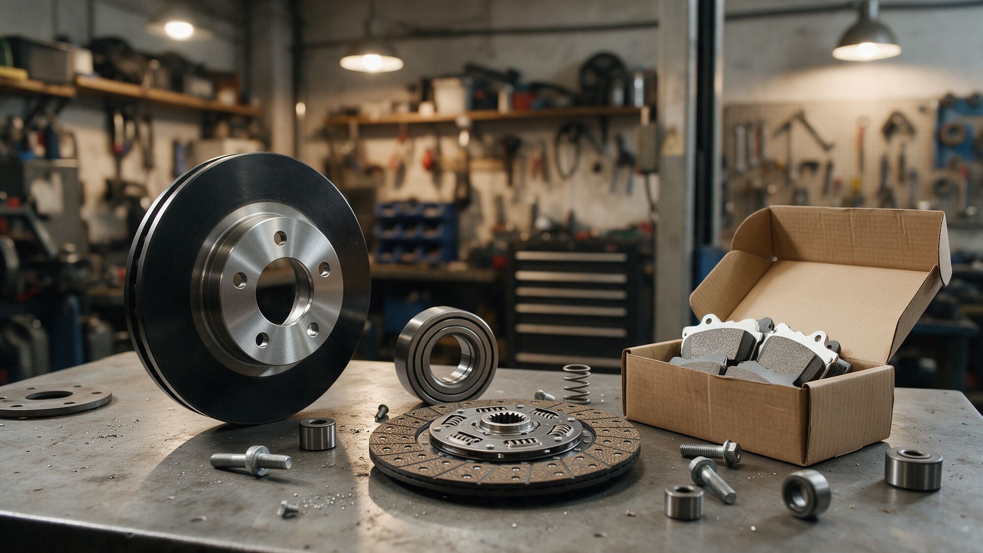New brake discs, bearings, a clutch plate and brake pads on a workshop bench