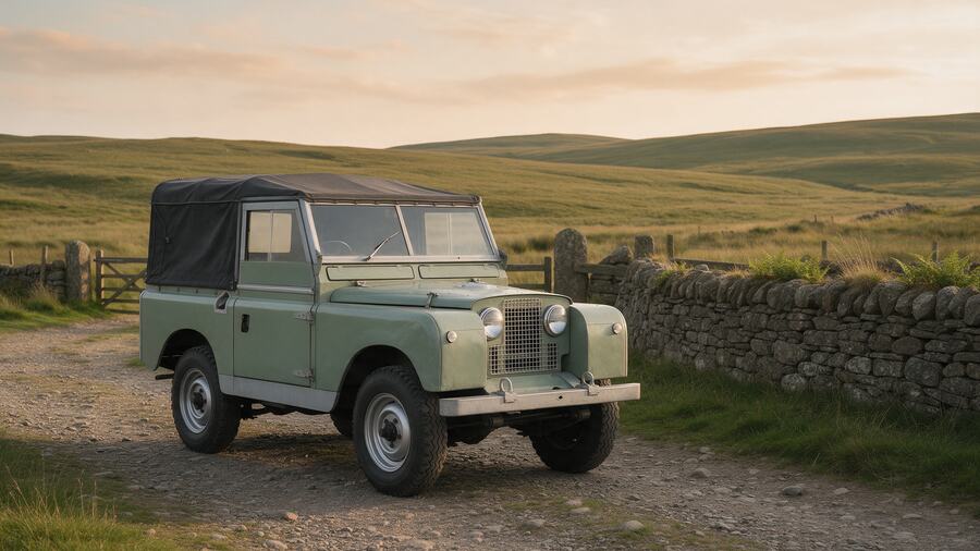 A classic Land Rover Series One beside a dry stone wall