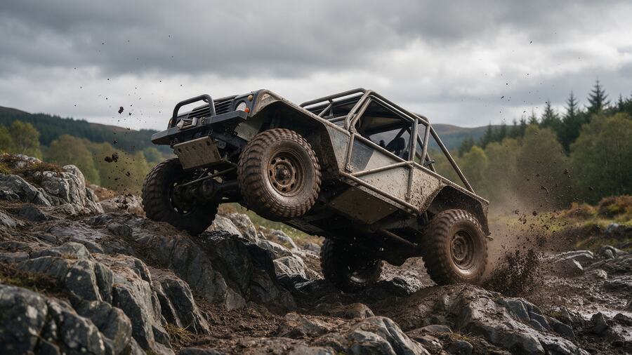 A caged competition Land Rover climbing a rocky section at an off-road trial