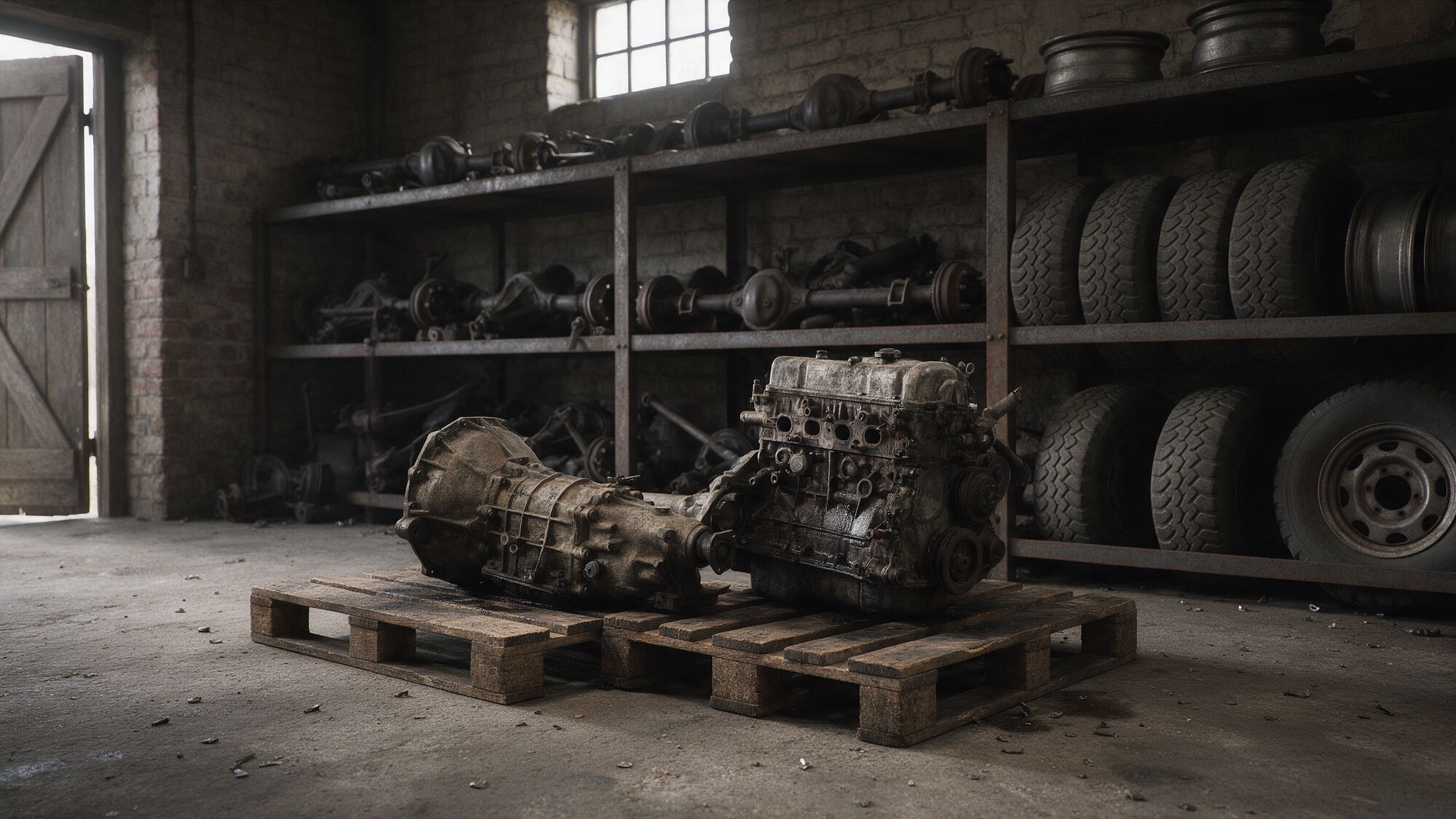 A used gearbox and engine on pallets in front of shelves of axle parts, tyres and rims