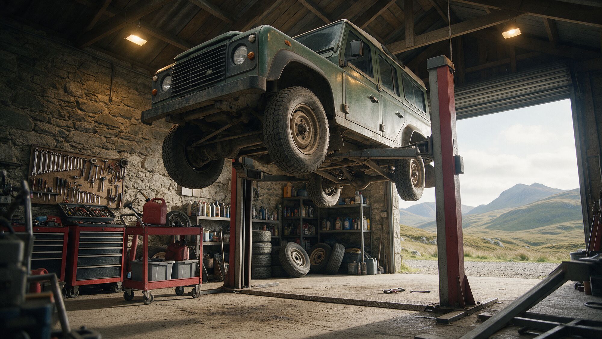 A Land Rover Defender raised on a workshop lift